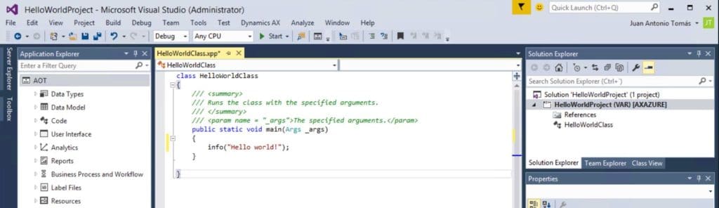 código x++ visual studio 2015 ax7