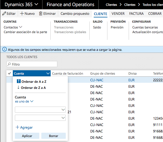 Filtro es uno de Dynamics 365 for Finance and Operations