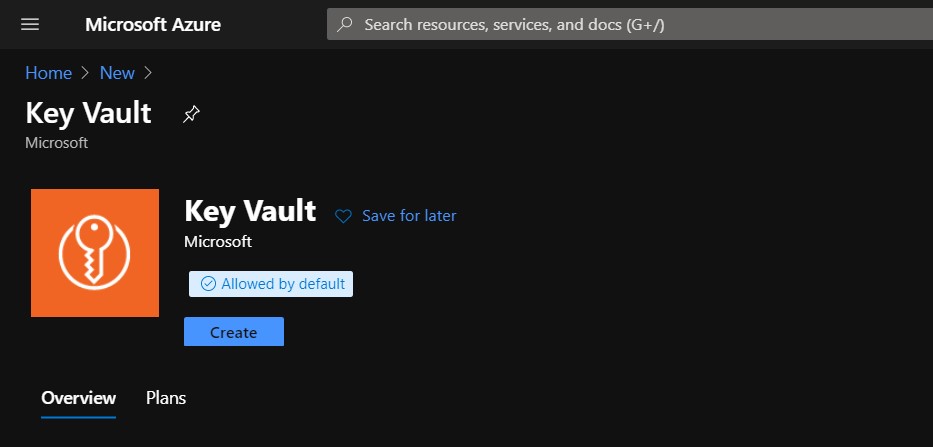 Crear nuevo Key vault en el portal de azure