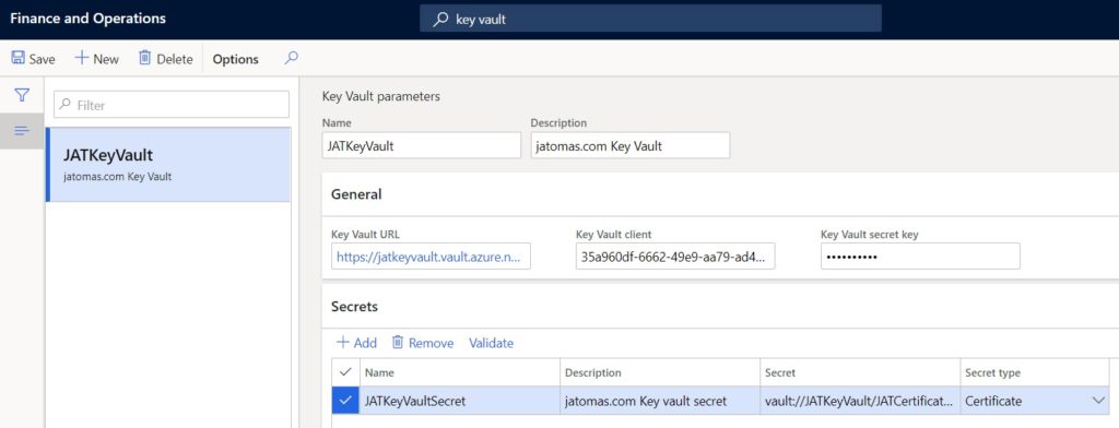 Pámetros de Key Vault en Microsoft Dynamics 365 Finance and Operations