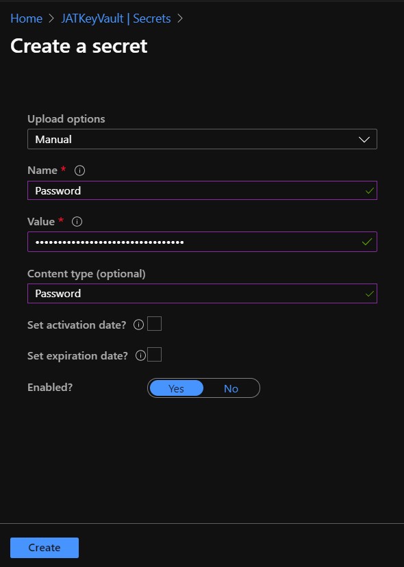 Crear secreto manual en key vault