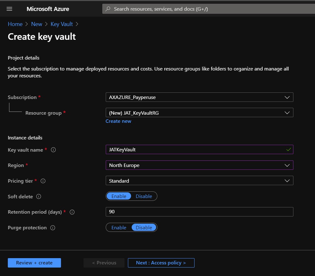 Crear nuevo key vault en el portal de azure
