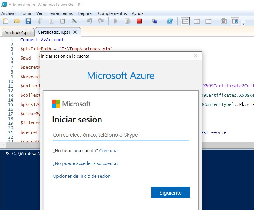 Introducir credenciales de azure para cargar el certificado