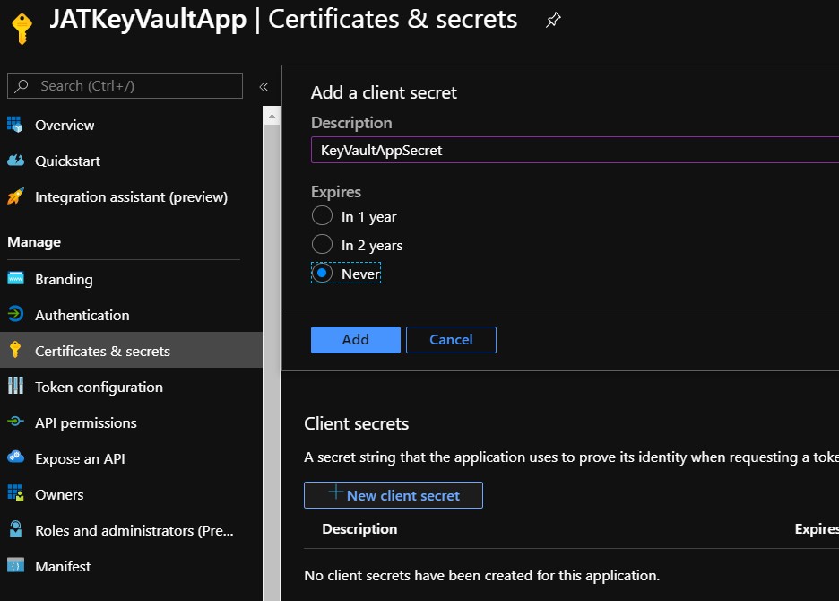 Crear secret en registro de aplicaciones de azure active directory
