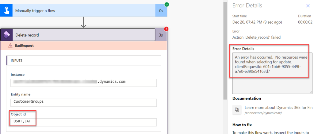 Power Automate - Error 404 deleting a record in other company