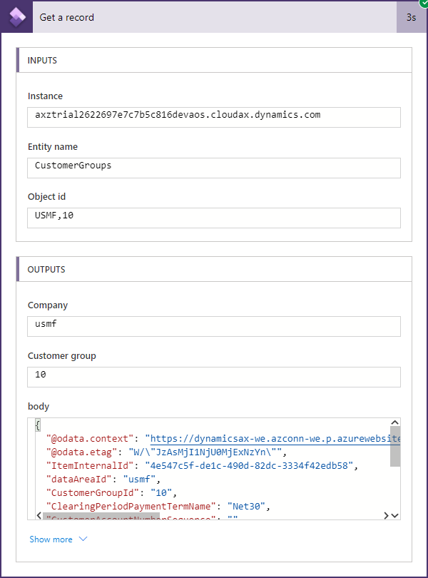 Power Automate - Obtener un registro - Resultado de ejecución